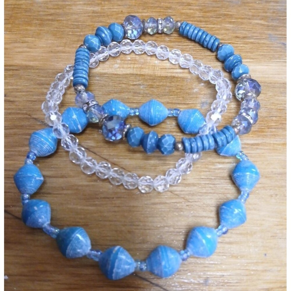 3 Bracelets Fashion Jewelry Crystal Look Shades Of Blue Beachy Stretch